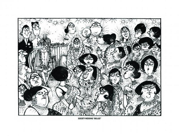 Figurative pen ink painting titled 'Society Wedding Belles', 29x21 inches, by artist Mario Miranda on Paper