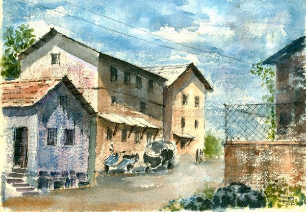 Landscape watercolor painting titled 'Solapur House', 10x14 inches, by artist Ramessh Barpande on Paper