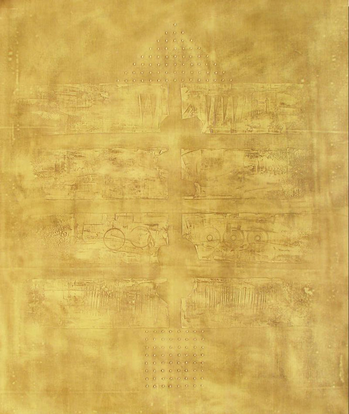 Abstract acrylic painting titled 'Solid Golden Abstract I', 42x48 inches, by artist Mohit Bhatia on Canvas