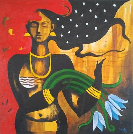 Figurative oil painting titled 'Solitude', 33x33 inches, by artist Ranjith Raghupathy on Canvas