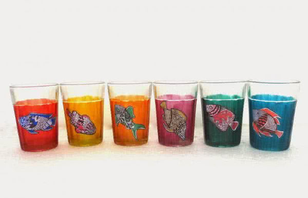 Lifestyle craft titled 'Something Fishy Cutting Chai Glasses', 3x2x2 inches, by artist Rithika Kumar on Glass