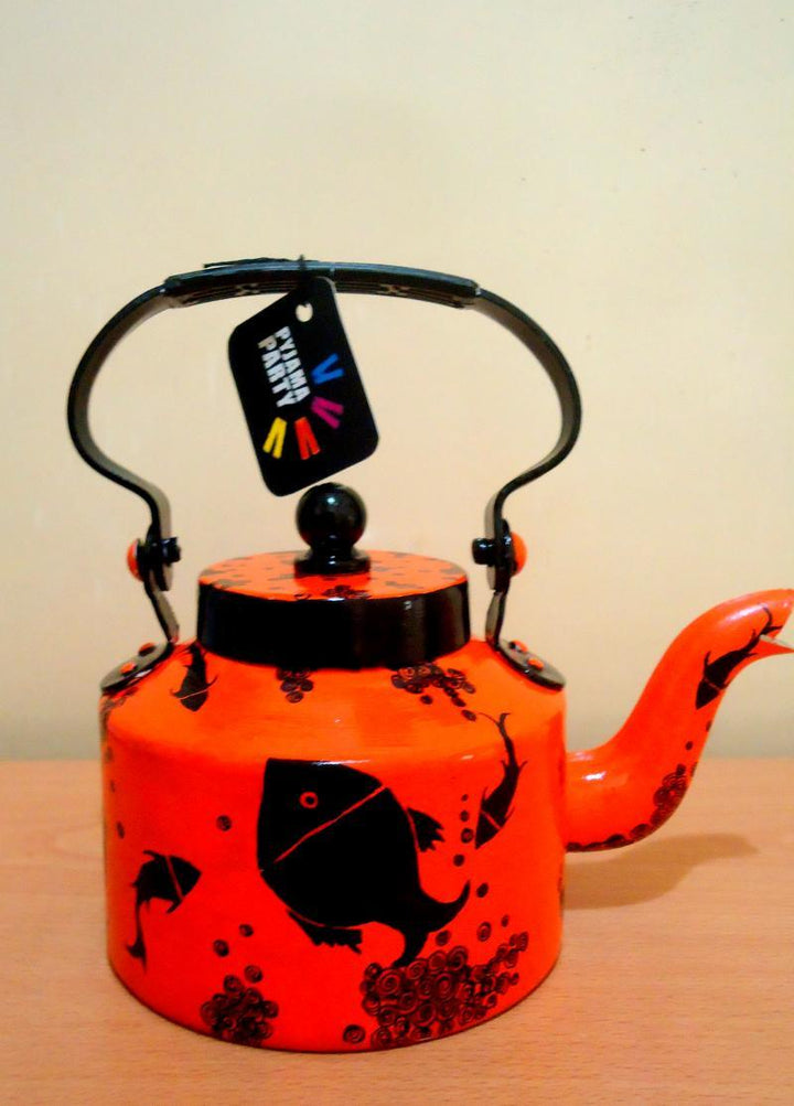 Lifestyle craft titled 'Something fishy Tea Kettle', 9x9x7 inches, by artist Rithika Kumar on Aluminium