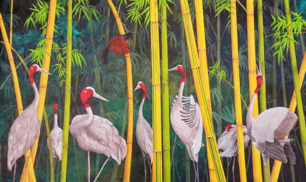 Animals acrylic painting titled 'Song Of The Sarus', 27x45 inches, by artist Lisha N T on Canvas