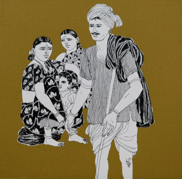 Figurative acrylic painting titled 'Song of Village 12', 12x12 inches, by artist Laxman Aelay on Canvas