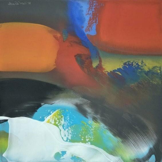 Abstract acrylic painting titled 'Songs Of Water 1', 14x14 inch, by artist Anand Mali on Canvas