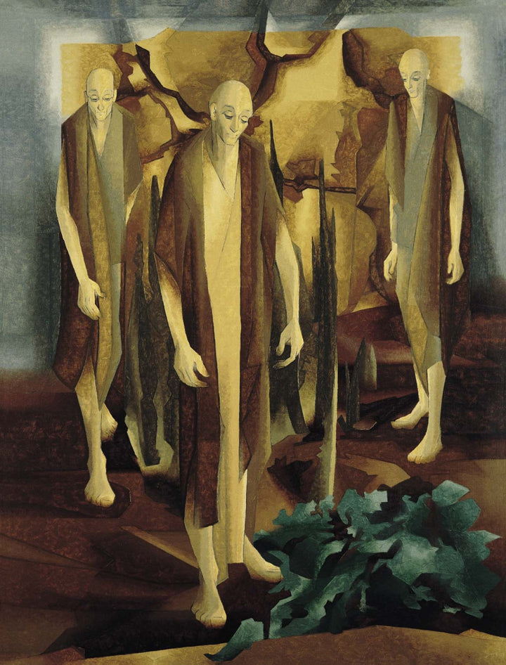 Figurative serigraphs painting titled 'The Sorrowing Men', 46x30 inch, by artist Jehangir Sabavala on Paper