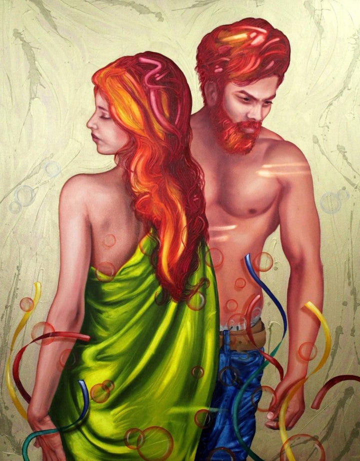 Fantasy oil painting titled 'Soulmates 10', 60x48 inches, by artist Ankur Rana on Canvas