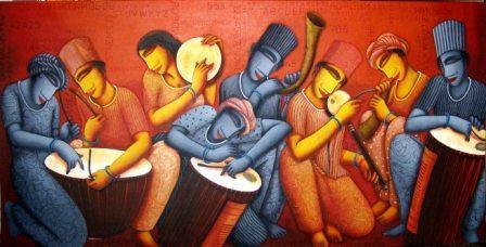 Figurative acrylic painting titled 'Sound 1', 36x72 inches, by artist Samir Sarkar on Canvas