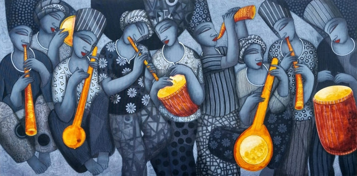 Figurative acrylic painting titled 'The Sound 3', 36x72 inch, by artist Samir Sarkar on Canvas