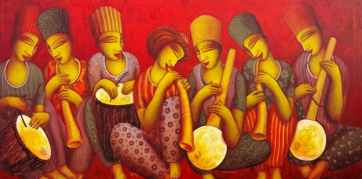 Figurative acrylic painting titled 'The Sound 5', 36x72 inch, by artist Samir Sarkar on Canvas