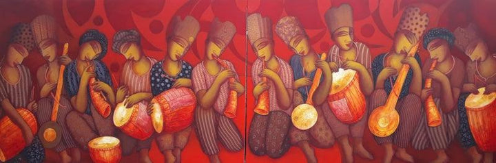 Figurative acrylic painting titled 'Sound 69 (diptych)', 42x120 inches, by artist Samir Sarkar on Canvas