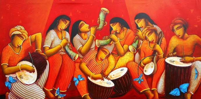 Figurative acrylic painting titled 'Sound of Music', 36x72 inches, by artist Samir Sarkar on Canvas