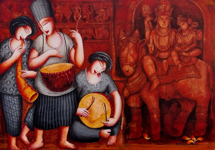 Religious acrylic painting titled 'Sound Series 2 (God Shiv And Parvati)', 42x60 inch, by artist Samir Sarkar on Canvas