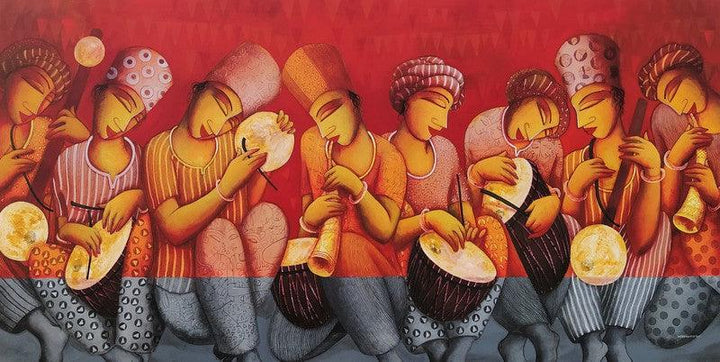 Figurative acrylic painting titled 'Sounds 2', 36x72 inches, by artist Samir Sarkar on Canvas