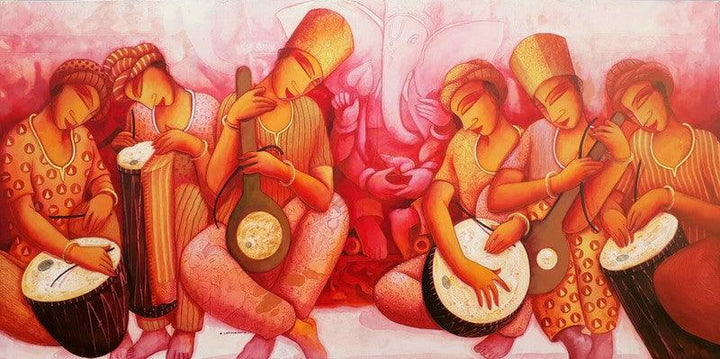 Figurative acrylic painting titled 'Sounds 3', 36x72 inches, by artist Samir Sarkar on Canvas