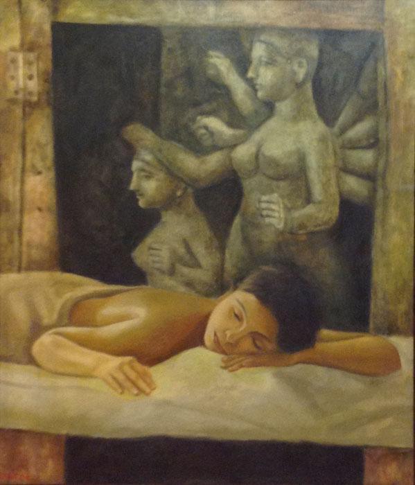 Figurative acrylic painting titled 'Spa', 36x30 inches, by artist Dipak on Canvas