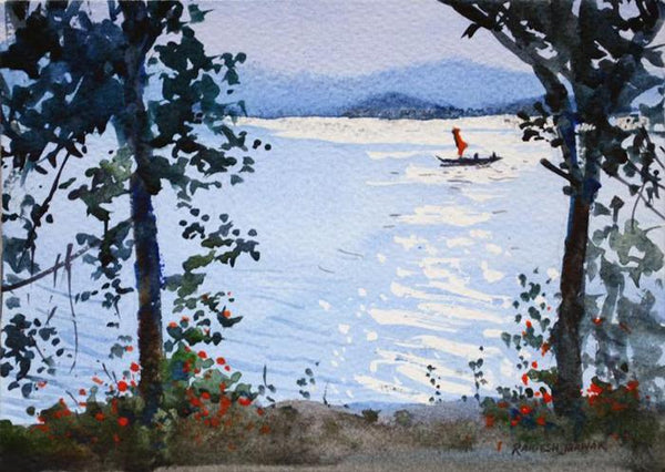 Landscape watercolor painting titled 'Sparkling Waters', 7x5 inches, by artist Ramesh Jhawar on Paper