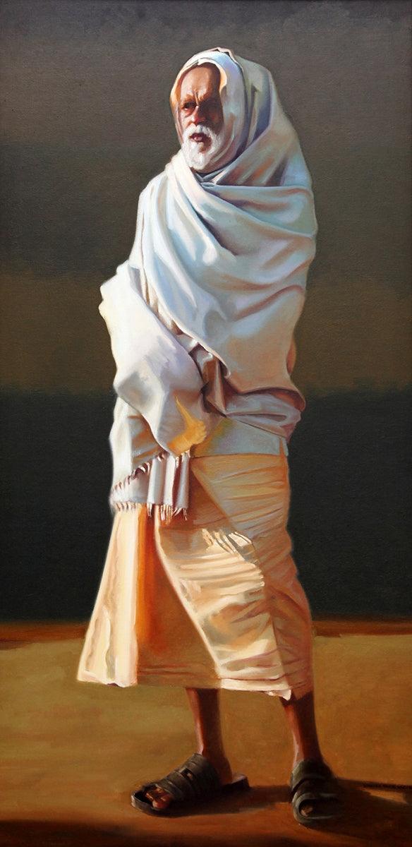 Figurative oil painting titled 'Spectator', 48x24 inches, by artist Vinayak Takalkar on Canvas