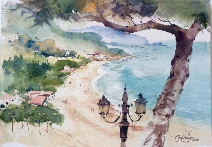 Landscape watercolor painting titled 'Sperlonga Beach Italy', 11x8 inches, by artist Vikrant Shitole on Paper