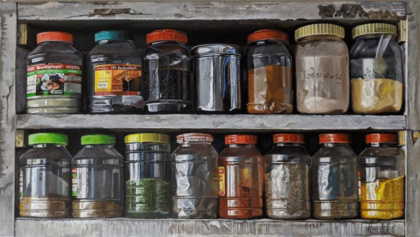 Still-life acrylic painting titled 'Spices And Herbs', 16x30 inches, by artist Parimal Vaghela on Canvas