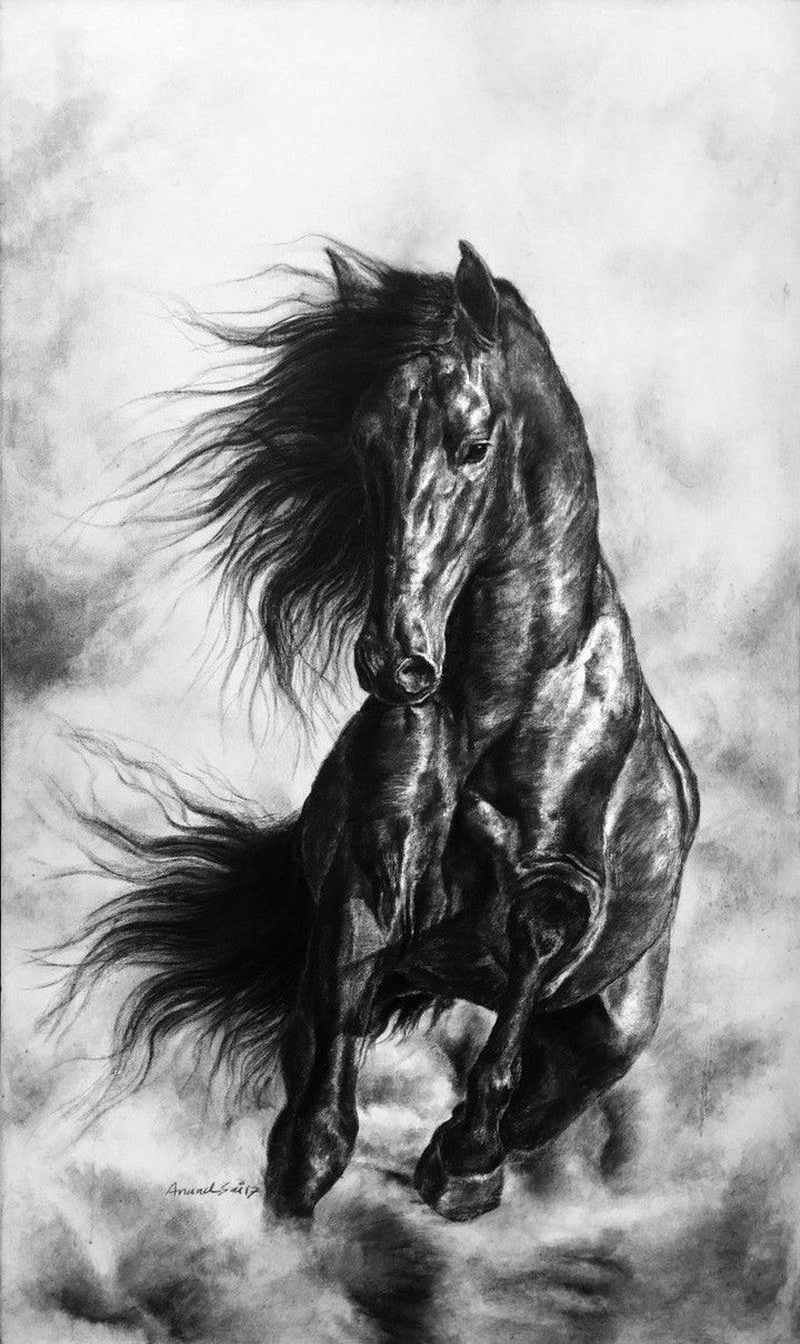 Animals charcoal painting titled 'Spirit 3', 60x36 inches, by artist Anand Sai on Canvas