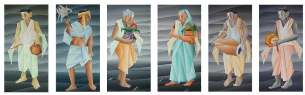 Figurative acrylic painting titled 'Spiritual Journey', 36x108 inches, by artist Nirakar Chowdhury on Canvas