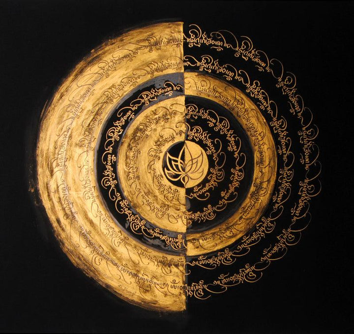 Calligraphy acrylic painting titled 'Spiritual Lotus', 28x28 inches, by artist Shubhangi Gade on Paper