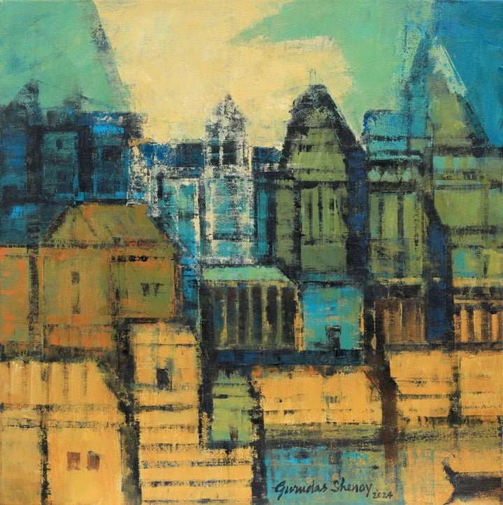 Abstract oil painting titled 'Spiritual Odyssey', 30x30 inch, by artist Gurudas Shenoy on Canvas