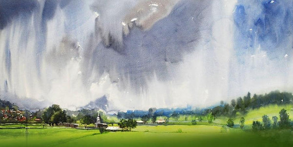 Landscape watercolor painting titled 'Splashing Clouds', 30x40 inches, by artist Ramdas Thorat on Paper