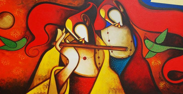 Figurative acrylic painting titled 'Splendours Of Love 1', 36x60 inches, by artist Om Swami on Canvas