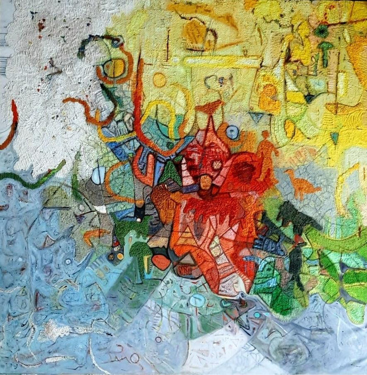 Abstract mixed media painting titled 'Spontaneous', 70x70 inches, by artist Rajesh Kumar Singh on Canvas