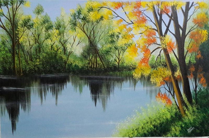 Landscape acrylic painting titled 'Spring Trees Near Lakeside', 24x37 inches, by artist Reema Ravindran on Canvas