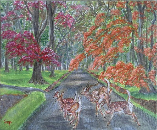 Landscape acrylic painting titled 'Sprinting through the park', 12x10 inches, by artist Lasya Upadhyaya on Canvas Board