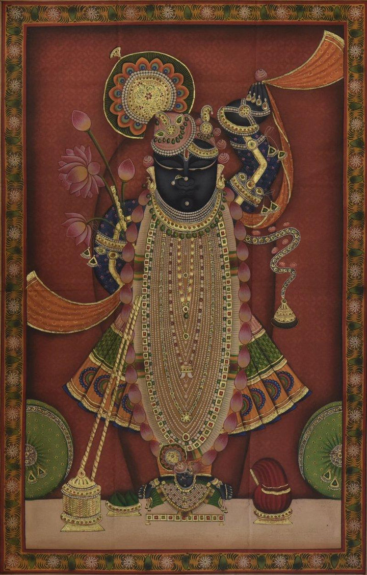 Folk Art tribal painting titled 'Sreenathji 2 Pichwai Art', 30x47 inches, by artist Artisan on Cloth