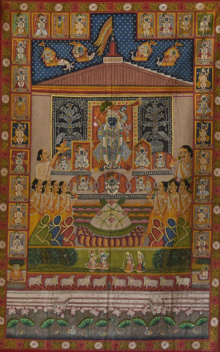 Folk Art tribal painting titled 'Sreenathji Aarti Pichwai Art', 36x55 inches, by artist Artisan on Cloth