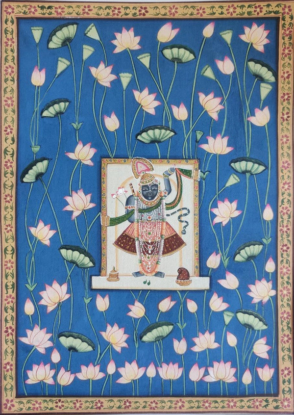 Religious pichwai traditional art titled 'Sreenathji Lotus Pichwai', 24x18 inches, by artist Pichwai Art on Cloth