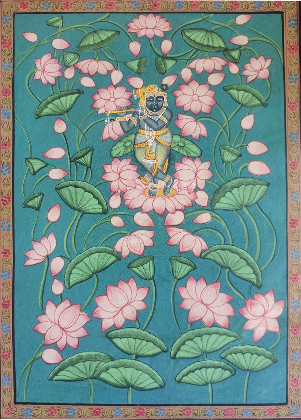 Religious pichwai traditional art titled 'Sreenathji Pichwai', 14x10 inches, by artist Pichwai Art on Cloth