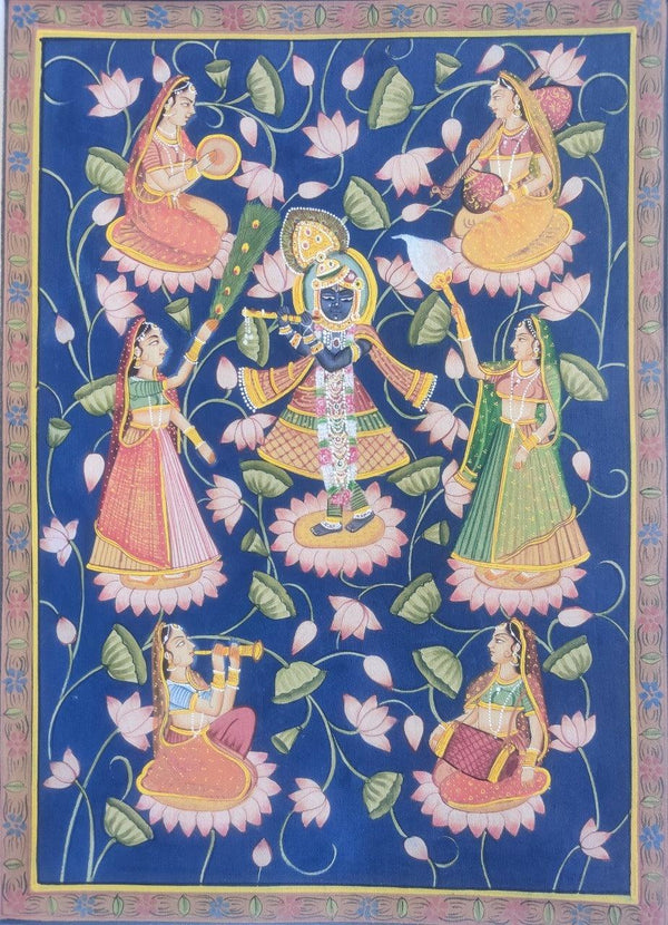 Religious pichwai traditional art titled 'Sreenathji Puja 2', 14x10 inches, by artist Pichwai Art on Cloth