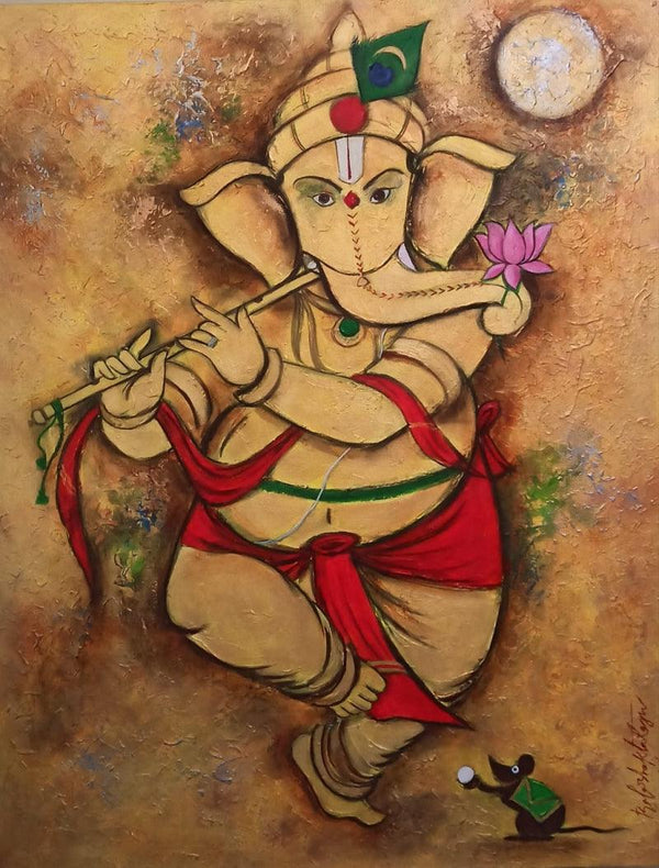 Religious acrylic painting titled 'Sri Krishnaganapati', 45x34 inches, by artist Bala Bhakta Raju on Canvas