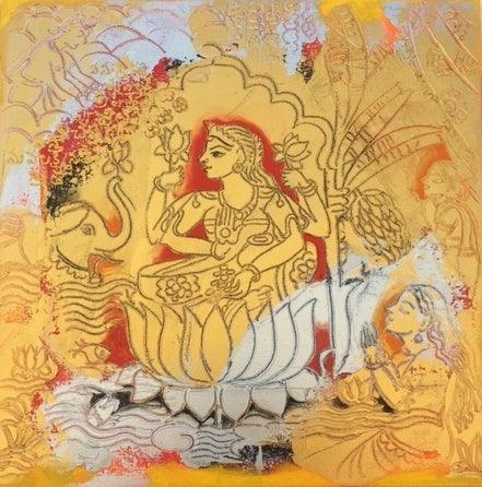 Religious acrylic painting titled 'Sri Maha Lakhshmi', 20x20 inches, by artist Anjani Reddy on Canvas