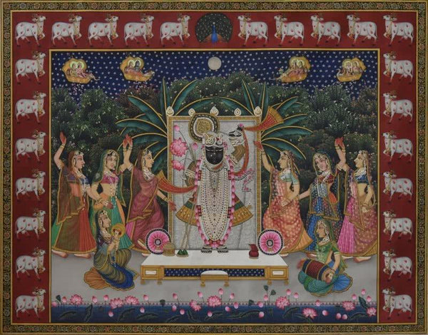 Religious tribal painting titled 'Srinathji', 36x60 inches, by artist Rajendra Khanna on Cloth