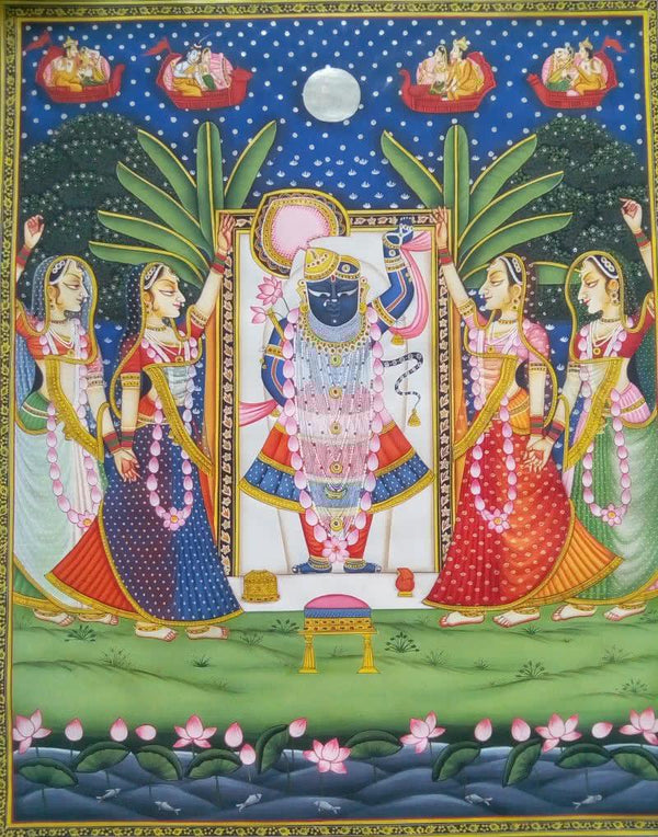 Religious tribal painting titled 'Srinathji Darshan', 48x36 inches, by artist Rajendra Khanna on Cloth