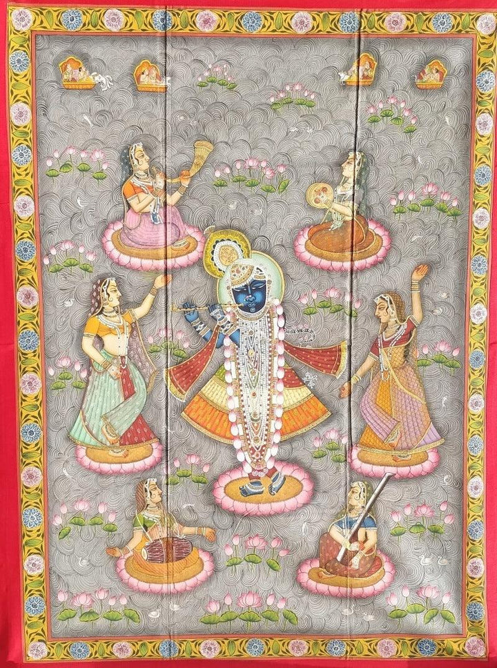 Religious pichwai traditional art titled 'Srinathji In Kamal Talai', 46x33 inches, by artist Pichwai Art on Cloth