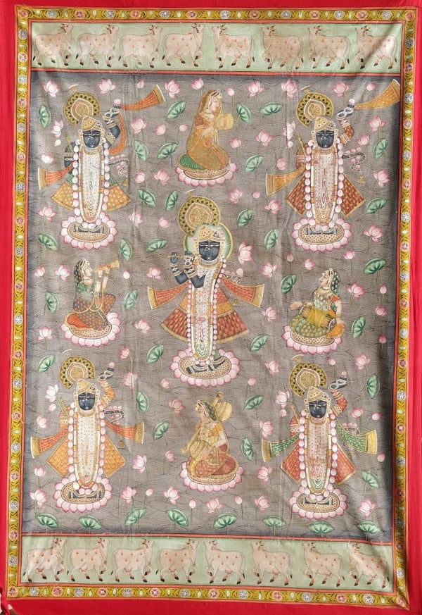 Religious pichwai traditional art titled 'Srinathji In Kamaltalai Pichwai', 72x48 inches, by artist Pichwai Art on Cloth