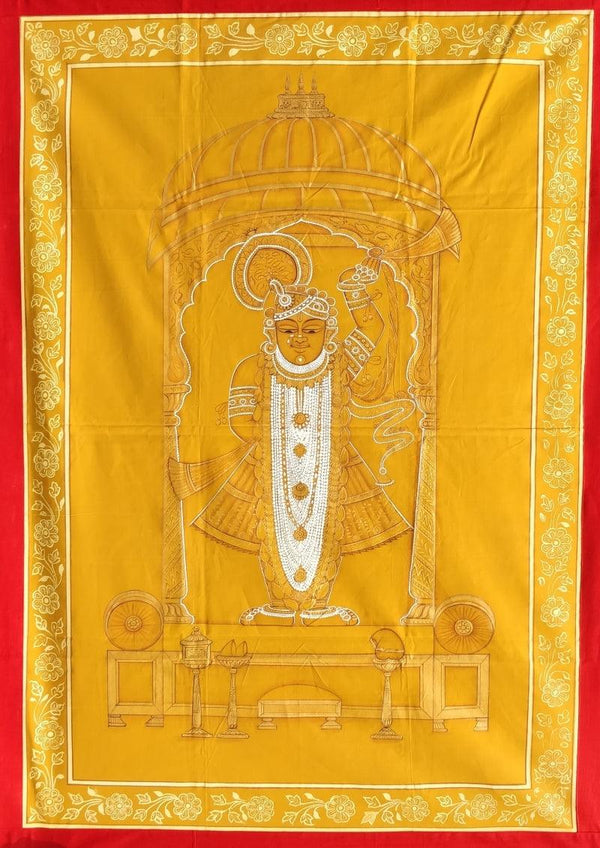 Religious pichwai traditional art titled 'Srinathji In Pushnakal 2', 47x32 inches, by artist Pichwai Art on Cloth