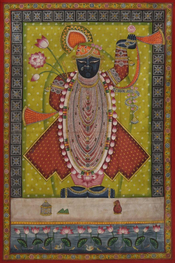 Folk Art tribal painting titled 'Srinathji Pichwai Art', 34x51 inches, by artist Artisan on Cloth