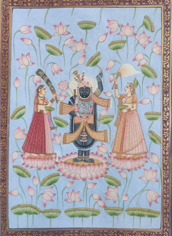 Religious pichwai traditional art titled 'Srinathji Puja', 14x10 inches, by artist Pichwai Art on Cloth