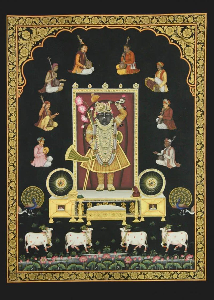 Religious tribal painting titled 'Srinathji with Musicians', 48x36 inches, by artist Rajendra Khanna on Cloth