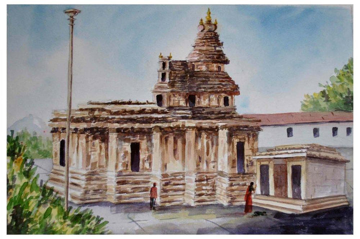 Landscape watercolor painting titled 'Sringeri Temple', 15x22 inches, by artist Radhika Ulluru on Paper