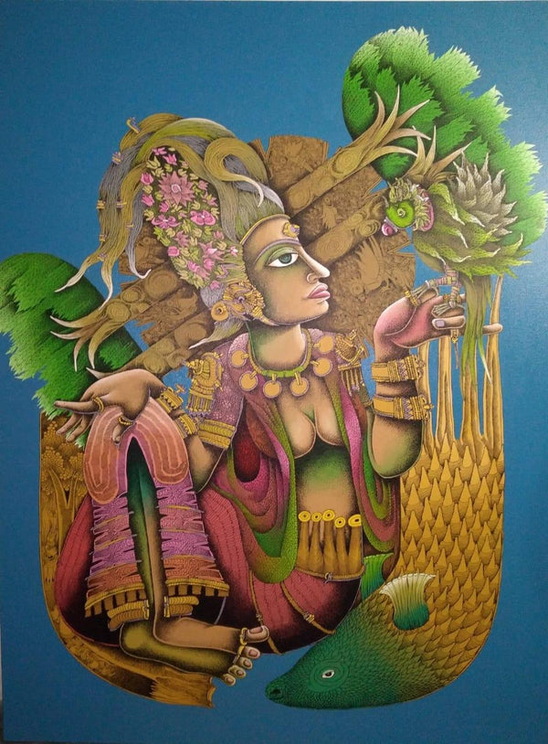 Religious traditional art titled 'Srishti', 0x36x48 inches, by artist Jitendra Dangi on Canvas